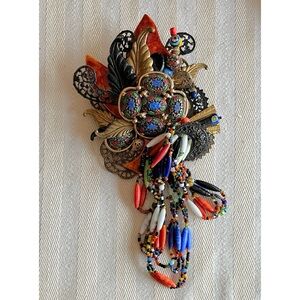 Vintage Junket Jewels Houston Colorful Artwork Beaded Statement Boho Brooch OOAK